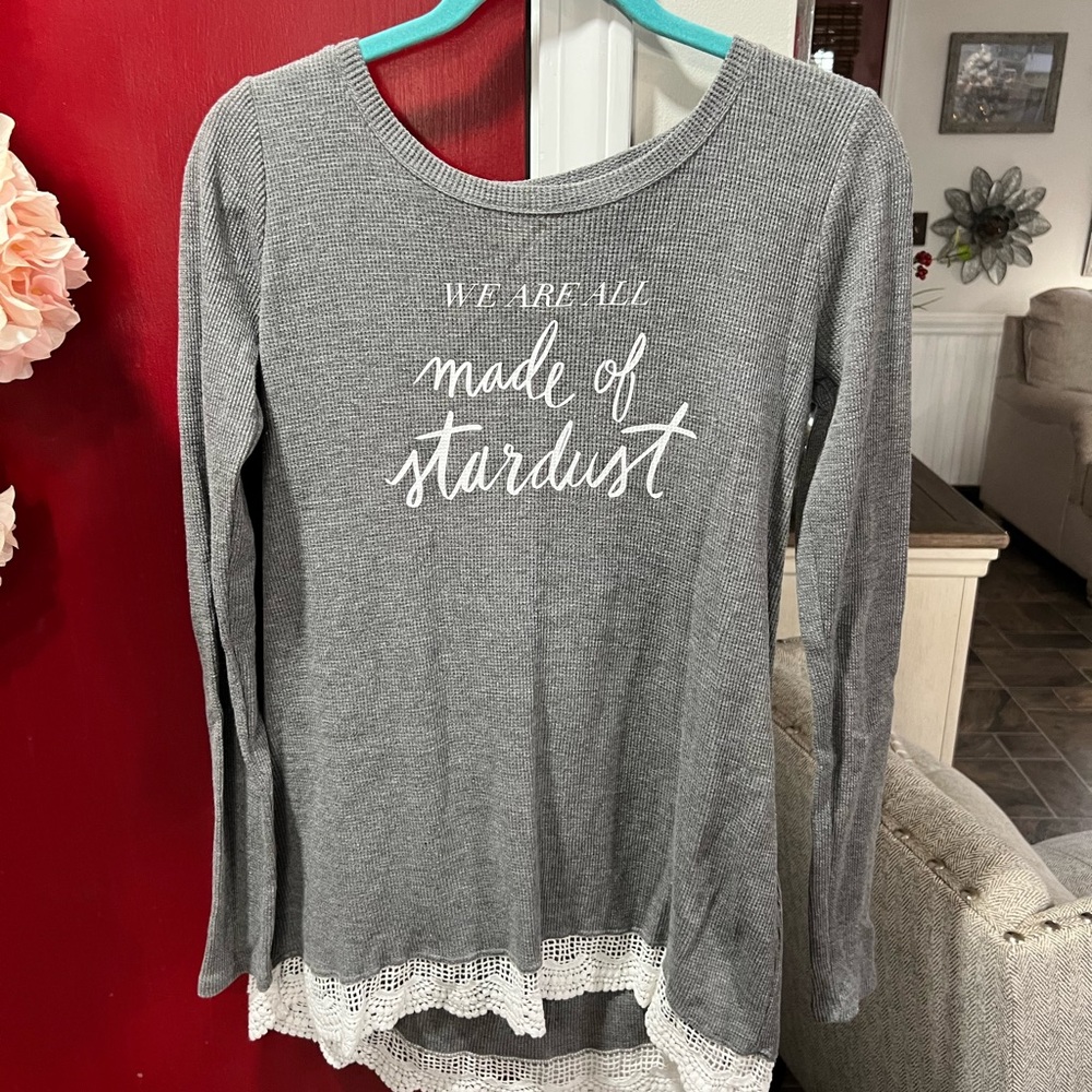 Gray Long Sleeve Top with Lace Hem
